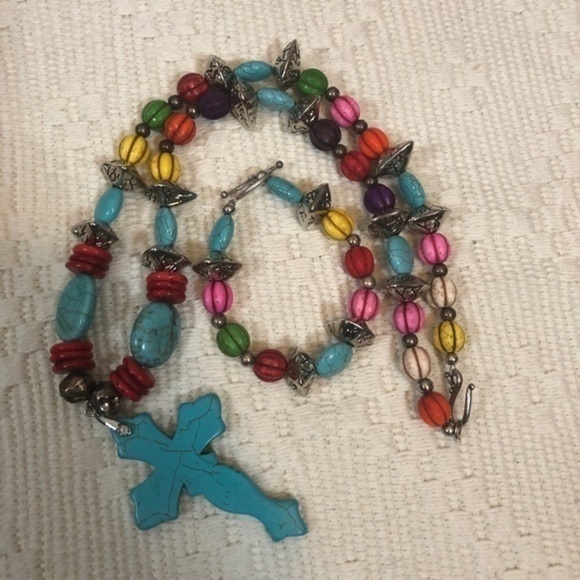 Artisan Art Deco Boho Beaded Turquoise Cross Necklace & Bracelet - Picture 11 of 12